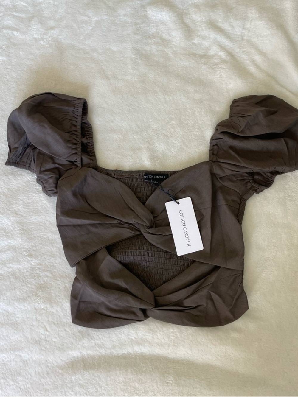 Cotton Candy Brown Puff Sleeve Twist-Front Crop Top